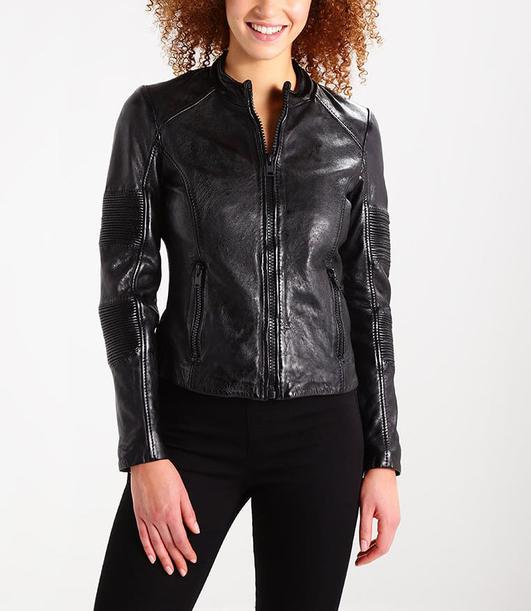 Koza Leathers Women's Real Lambskin Leather Bomber Jacket in black with satin lining and YKK zipper, showcasing stylish design and functional pockets.